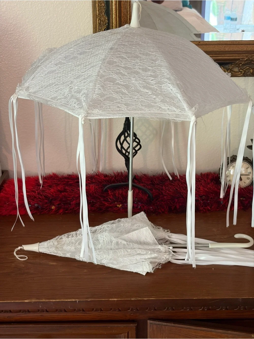 2 White Lace Decorative Parasol with Ribbon Accents